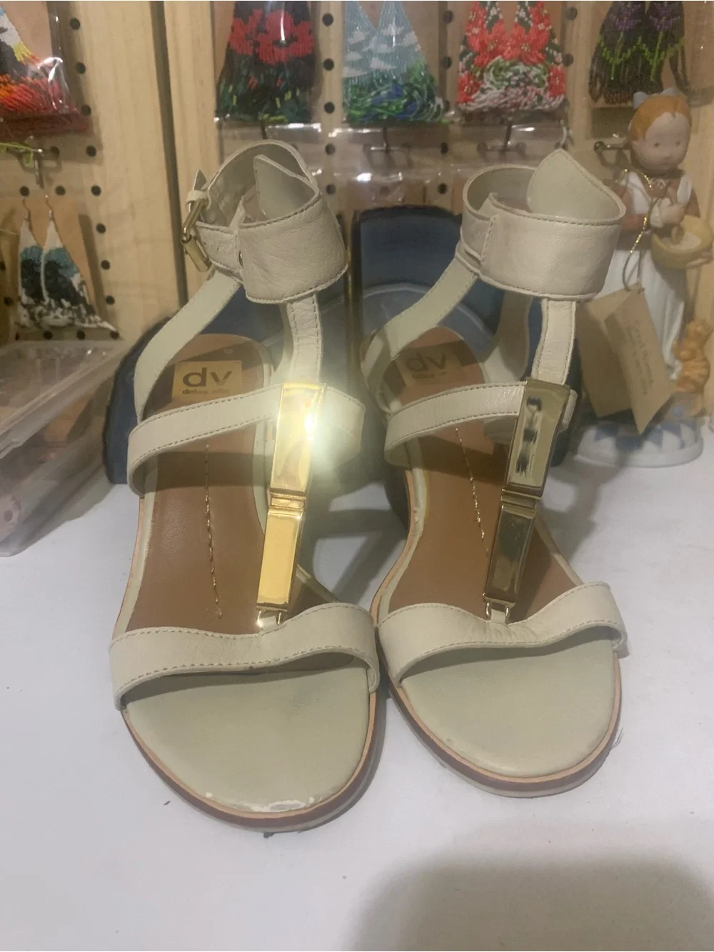 DV by Dolce Vita Cream Leather Wedge Sandals with Gold Accent